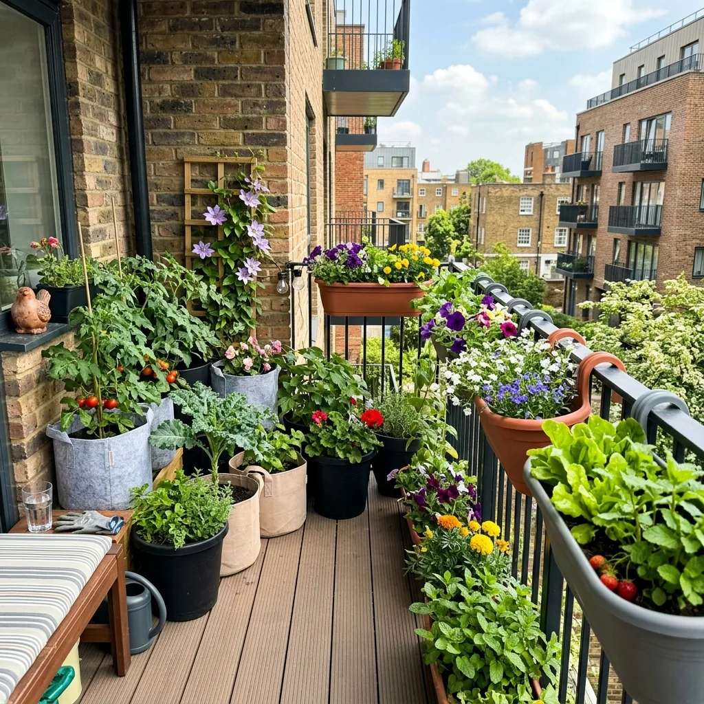 Fully set up DIY balcony garden on a 3rd-floor apartment with composite decking, grow bags, and trailing plants