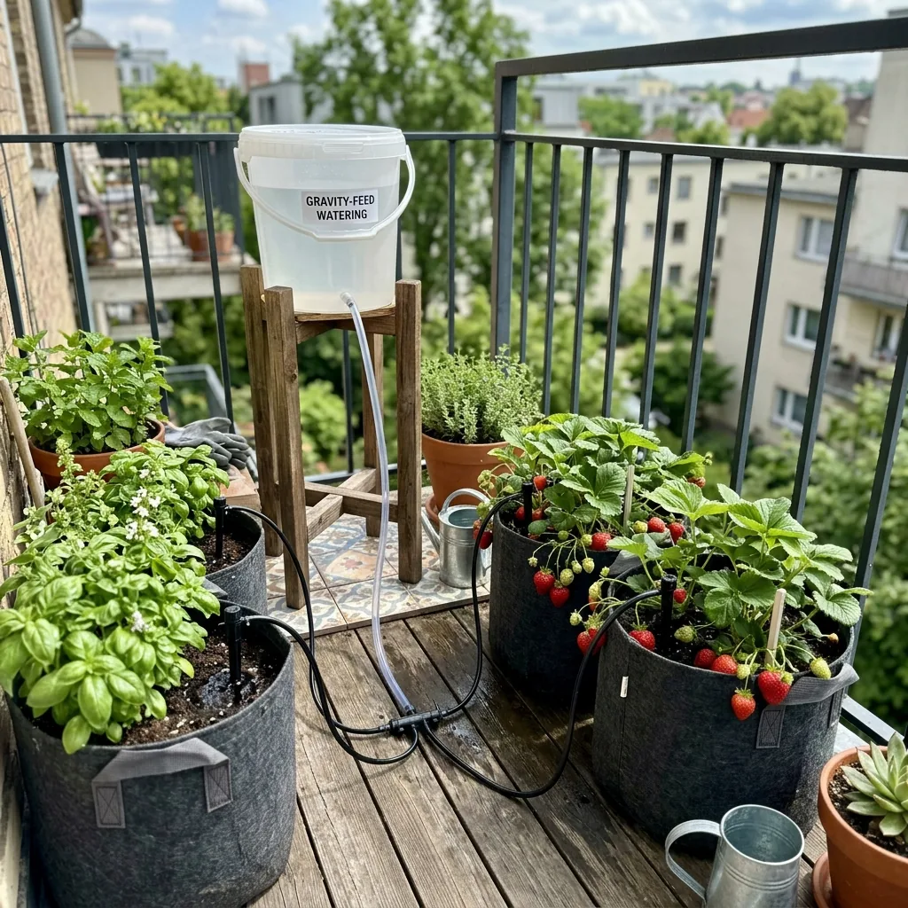 Gravity-feed drip bucket watering system on a balcony growing strawberries and basil