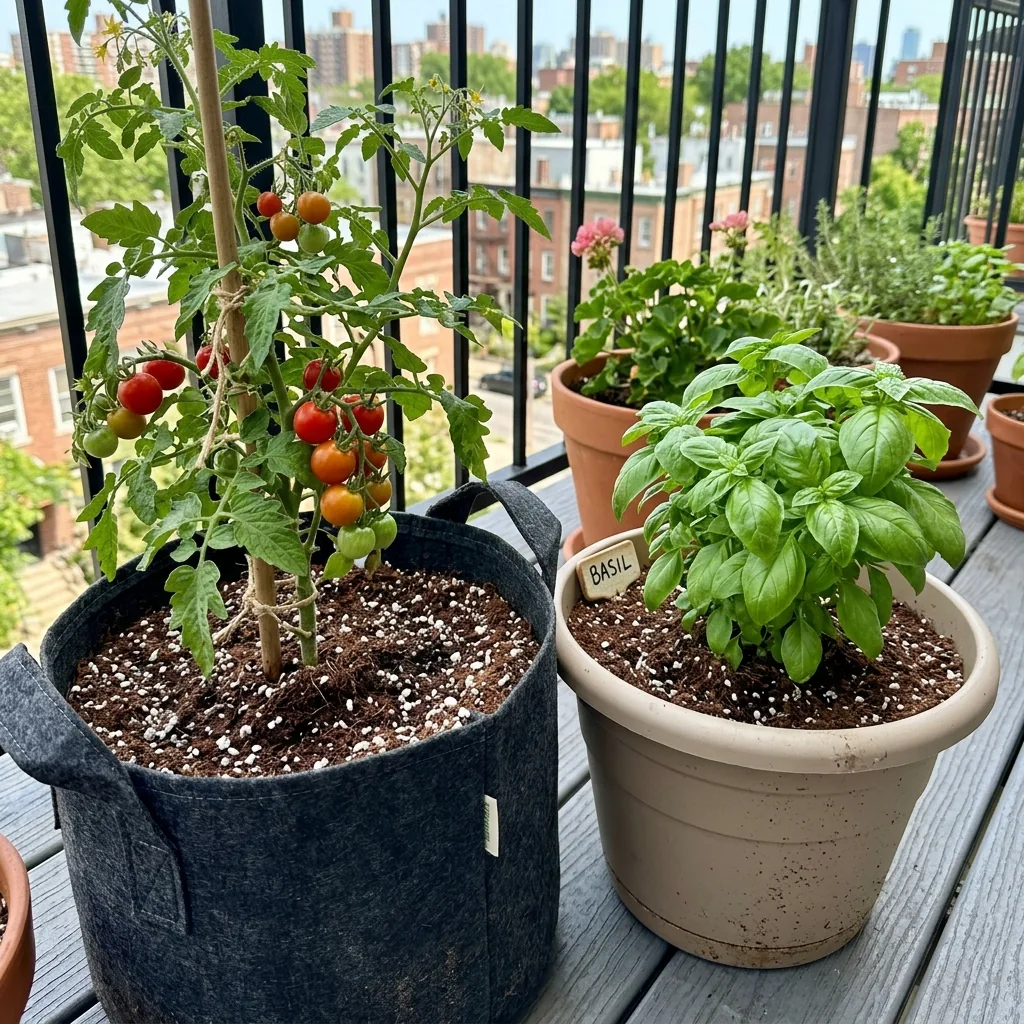 Close up of lightweight fabric grow bags and polypropylene pots on an apartment balcony