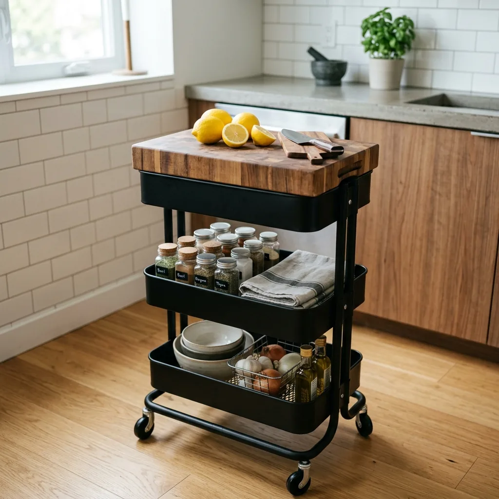 Repurposed IKEA Raskog cart as a studio kitchen island station