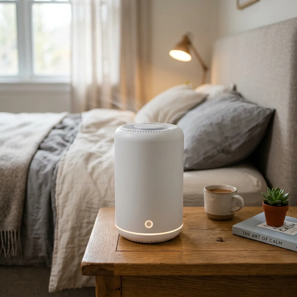 Compact Levoit air purifier on a modern nightstand in a cozy bedroom