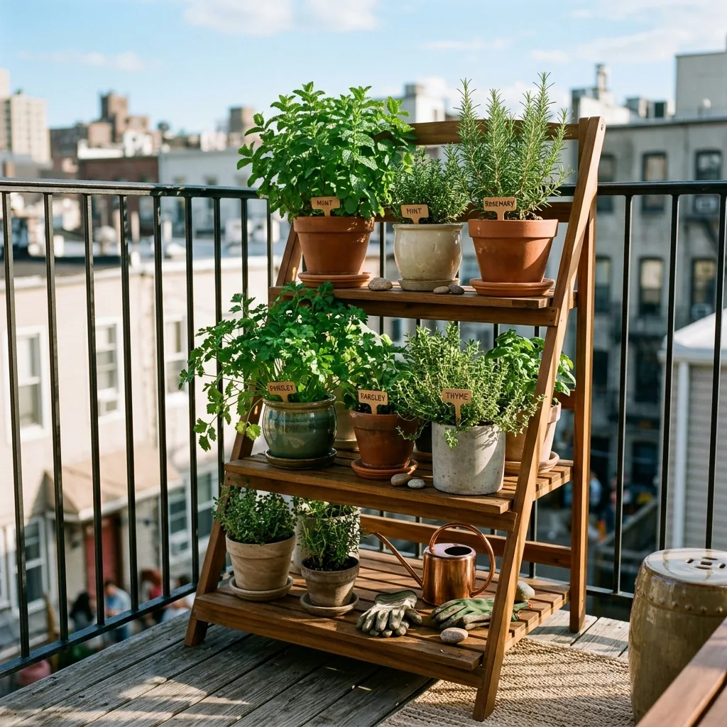 No-drill balcony herb garden on tiered freestanding shelf