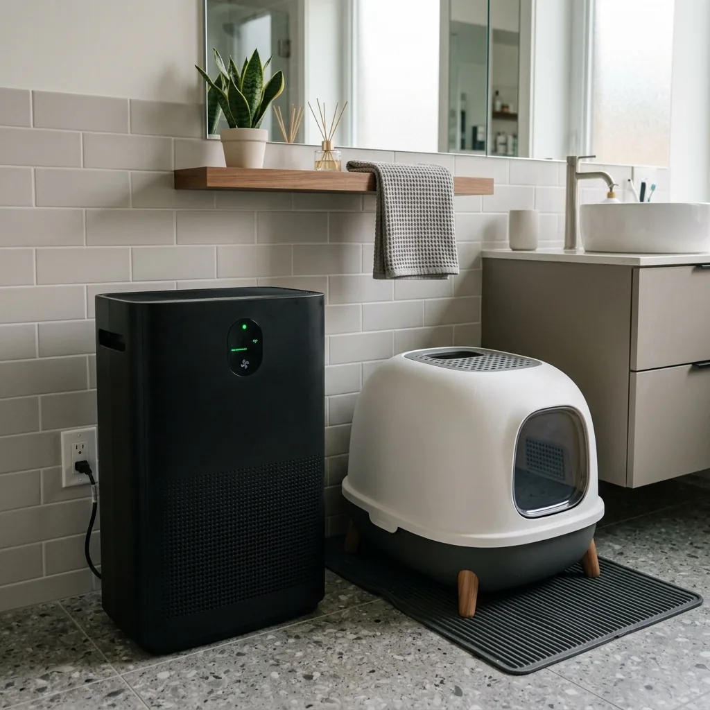 Winix 5500-2 air purifier positioned perfectly next to a stylish enclosed litter box in a modern bathroom